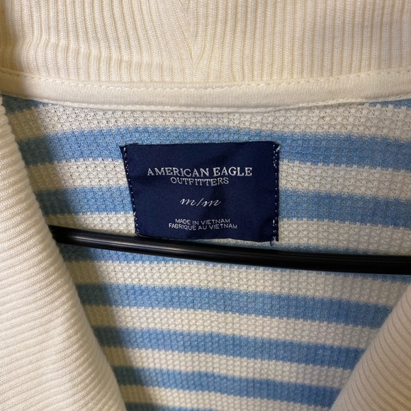 American Eagle Blue and Cream Collared V-Neck Striped Sweater Women’s Size M - Picture 10 of 11